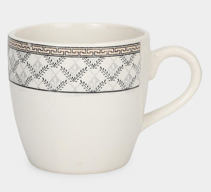 120ml Bone China Mug Set of 6, White Coffee Tea Cups with Black Geometric Pattern and Handles, Elegant Small Beverage Mugs for Home, Kitchen, Office, Dining & Gifting