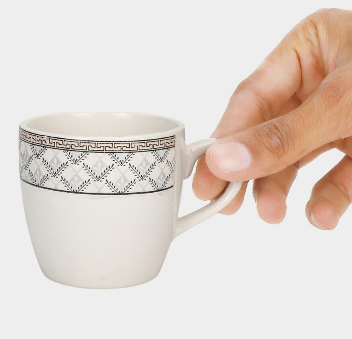 120ml Bone China Mug Set of 6, White Coffee Tea Cups with Black Geometric Pattern and Handles, Elegant Small Beverage Mugs for Home, Kitchen, Office, Dining & Gifting