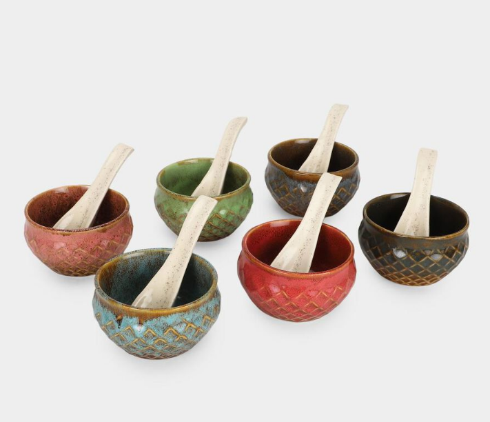 300ml Stoneware Bowl Set of 6 with Spoons, Multicolour Ceramic Snack & Dessert Bowls, Decorative Serving Bowls for Dry Fruits, Ice Cream, Dips, Snacks, Kitchen & Gifting