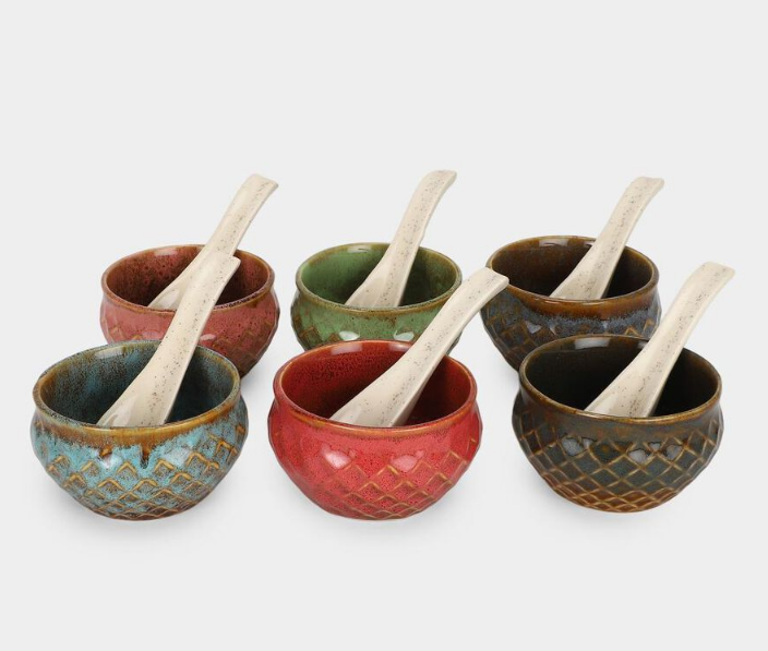 300ml Stoneware Bowl Set of 6 with Spoons, Multicolour Ceramic Snack & Dessert Bowls, Decorative Serving Bowls for Dry Fruits, Ice Cream, Dips, Snacks, Kitchen & Gifting
