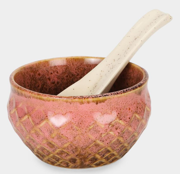 300ml Stoneware Bowl Set of 6 with Spoons, Multicolour Ceramic Snack & Dessert Bowls, Decorative Serving Bowls for Dry Fruits, Ice Cream, Dips, Snacks, Kitchen & Gifting