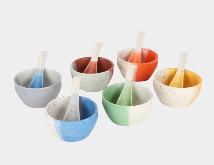 300ml Stoneware Bowl Set of 6 with Matching Spoons, Multicolour Speckled Snack Dessert Bowls, Decorative Serving Bowls for Dry Fruits, Ice Cream, Dips, Sauces, Kitchen & Gifting