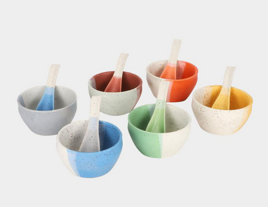 300ml Stoneware Bowl Set of 6 with Matching Spoons, Multicolour Speckled Snack Dessert Bowls, Decorative Serving Bowls for Dry Fruits, Ice Cream, Dips, Sauces, Kitchen & Gifting