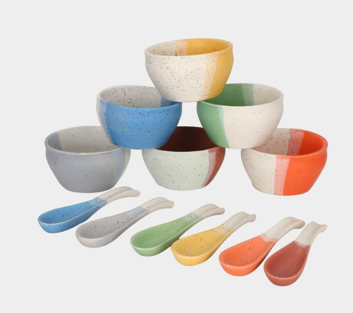 300ml Stoneware Bowl Set of 6 with Matching Spoons, Multicolour Speckled Snack Dessert Bowls, Decorative Serving Bowls for Dry Fruits, Ice Cream, Dips, Sauces, Kitchen & Gifting