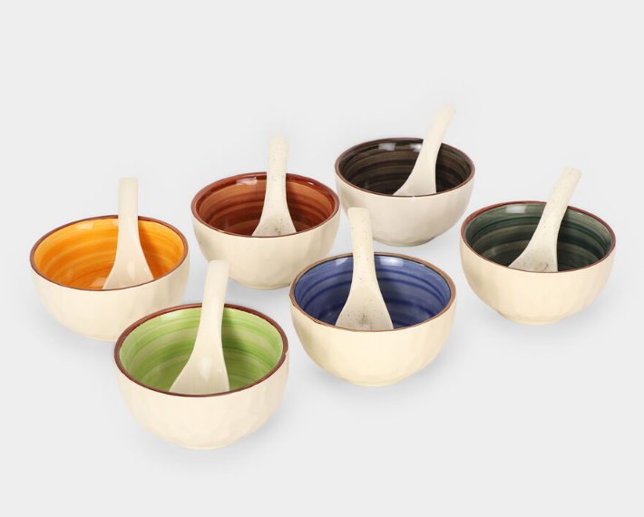 300ml White Stoneware Bowl Set of 6 with Matching Spoons, Multicolour Glazed Snack Dessert Bowls, Decorative Serving Bowls for Dry Fruits, Ice Cream, Dips, Sauces, Kitchen & Gifting
