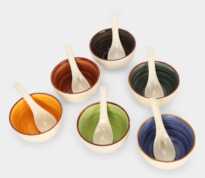 300ml White Stoneware Bowl Set of 6 with Matching Spoons, Multicolour Glazed Snack Dessert Bowls, Decorative Serving Bowls for Dry Fruits, Ice Cream, Dips, Sauces, Kitchen & Gifting