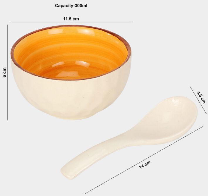 300ml White Stoneware Bowl Set of 6 with Matching Spoons, Multicolour Glazed Snack Dessert Bowls, Decorative Serving Bowls for Dry Fruits, Ice Cream, Dips, Sauces, Kitchen & Gifting