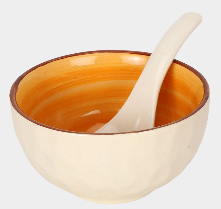 300ml White Stoneware Bowl Set of 6 with Matching Spoons, Multicolour Glazed Snack Dessert Bowls, Decorative Serving Bowls for Dry Fruits, Ice Cream, Dips, Sauces, Kitchen & Gifting