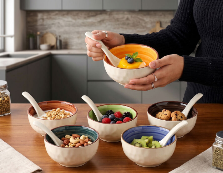 300ml White Stoneware Bowl Set of 6 with Matching Spoons, Multicolour Glazed Snack Dessert Bowls, Decorative Serving Bowls for Dry Fruits, Ice Cream, Dips, Sauces, Kitchen & Gifting
