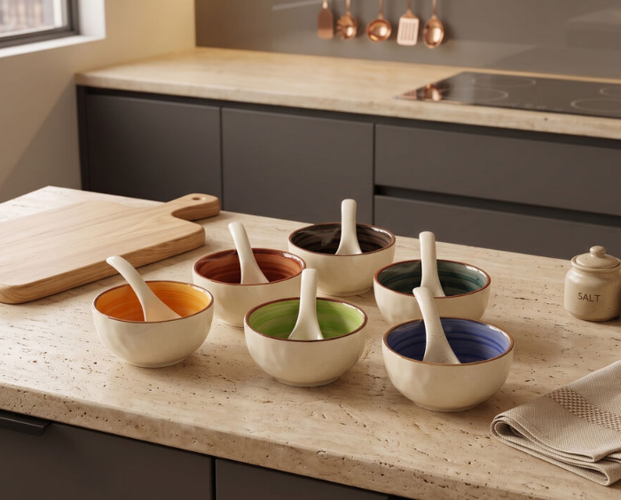 300ml White Stoneware Bowl Set of 6 with Matching Spoons, Multicolour Glazed Snack Dessert Bowls, Decorative Serving Bowls for Dry Fruits, Ice Cream, Dips, Sauces, Kitchen & Gifting