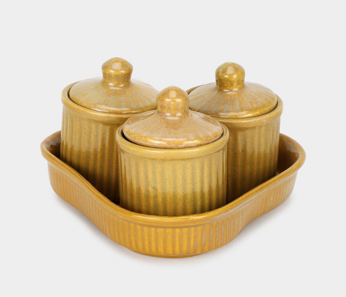 160ml Stoneware Storage Jar Set of 3 with Serving Tray, Beige Ceramic Kitchen Containers with Lids, Decorative Spice & Condiment Jars for Sugar, Salt, Dry Fruits, Snacks & Tabletop Organization