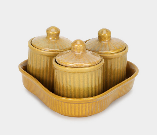 160ml Stoneware Storage Jar Set of 3 with Serving Tray, Beige Ceramic Kitchen Containers with Lids, Decorative Spice & Condiment Jars for Sugar, Salt, Dry Fruits, Snacks & Tabletop Organization