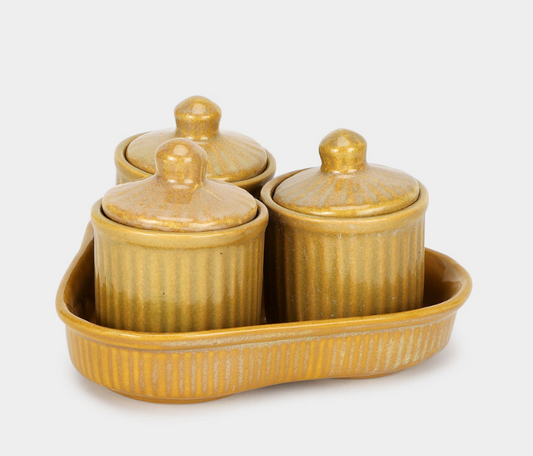 160ml Stoneware Storage Jar Set of 3 with Serving Tray, Beige Ceramic Kitchen Containers with Lids, Decorative Spice & Condiment Jars for Sugar, Salt, Dry Fruits, Snacks & Tabletop Organization
