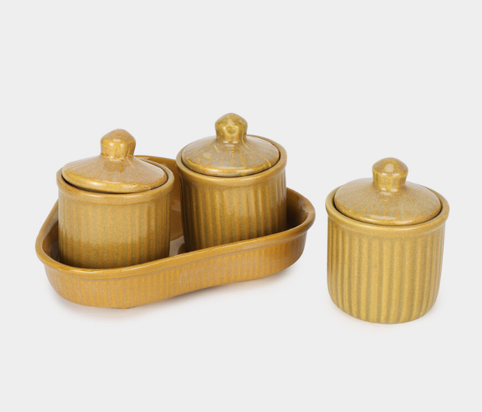160ml Stoneware Storage Jar Set of 3 with Serving Tray, Beige Ceramic Kitchen Containers with Lids, Decorative Spice & Condiment Jars for Sugar, Salt, Dry Fruits, Snacks & Tabletop Organization