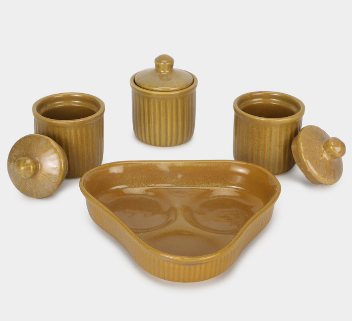 160ml Stoneware Storage Jar Set of 3 with Serving Tray, Beige Ceramic Kitchen Containers with Lids, Decorative Spice & Condiment Jars for Sugar, Salt, Dry Fruits, Snacks & Tabletop Organization