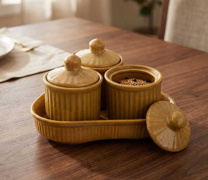 160ml Stoneware Storage Jar Set of 3 with Serving Tray, Beige Ceramic Kitchen Containers with Lids, Decorative Spice & Condiment Jars for Sugar, Salt, Dry Fruits, Snacks & Tabletop Organization