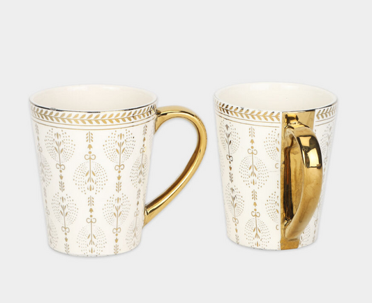 280ml Luxury Gold-Plated Ceramic Coffee Mug Set of 2 – Elegant Designer Cups with Golden Handle & Rim