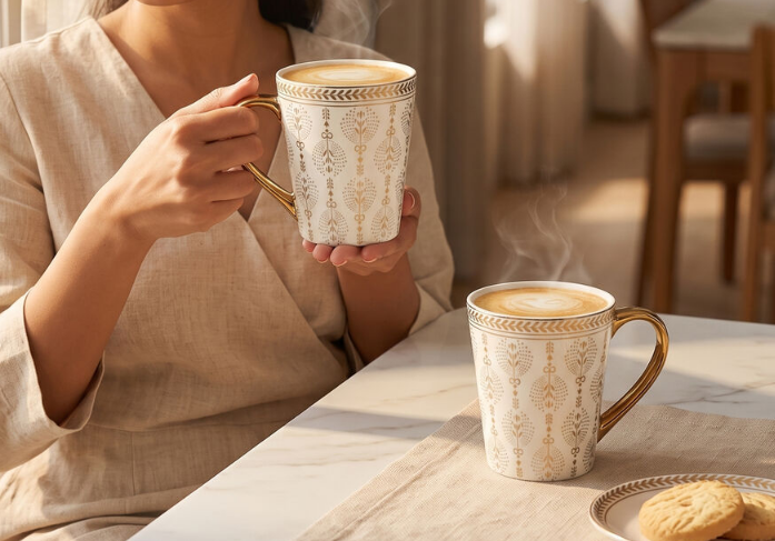 280ml Luxury Gold-Plated Ceramic Coffee Mug Set of 2 – Elegant Designer Cups with Golden Handle & Rim