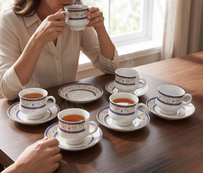 140ml Bio China Cup & Saucer Set of 6 – White Floral Designer Tea Set