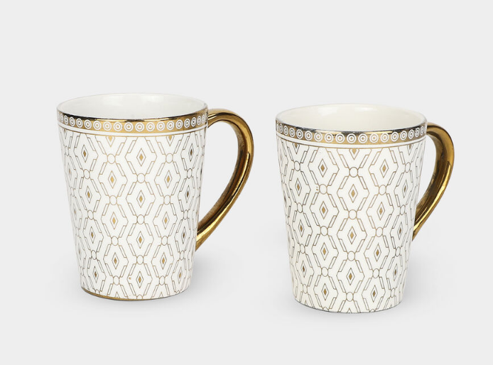 280ml Luxury Gold-Plated Ceramic Coffee Mug Set of 2 – White Designer Cups with Golden Handle & Rim