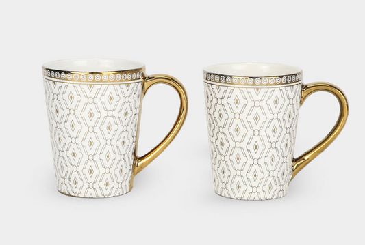 280ml Luxury Gold-Plated Ceramic Coffee Mug Set of 2 – White Designer Cups with Golden Handle & Rim