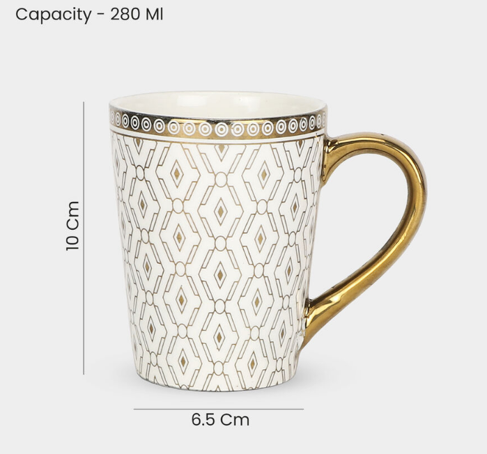 280ml Luxury Gold-Plated Ceramic Coffee Mug Set of 2 – White Designer Cups with Golden Handle & Rim
