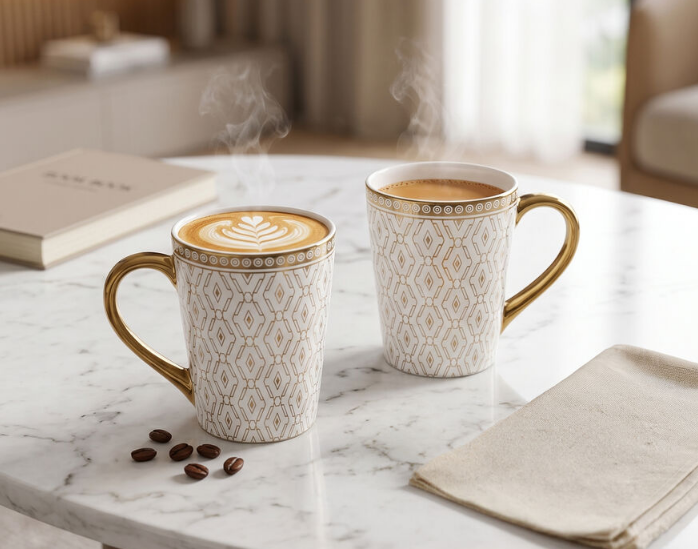 280ml Luxury Gold-Plated Ceramic Coffee Mug Set of 2 – White Designer Cups with Golden Handle & Rim