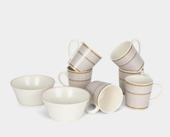 White Bio China Tea Cup & Bowl Set with Floral Pattern | Elegant 180ml Cups and 300ml Bowls | Premium Tea Serving Set for Home, Kitchen, Office & Gifting