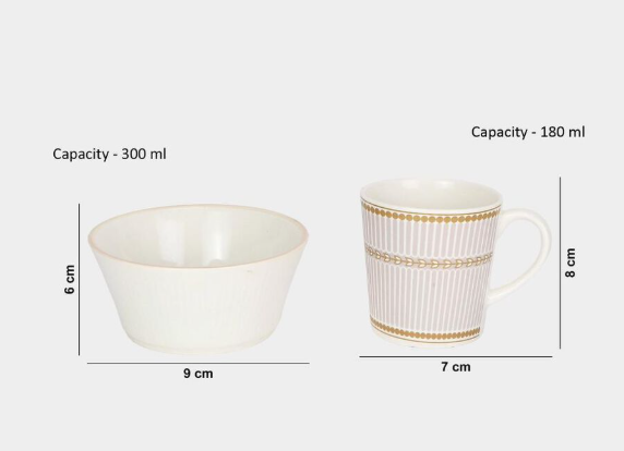 White Bio China Tea Cup & Bowl Set with Floral Pattern | Elegant 180ml Cups and 300ml Bowls | Premium Tea Serving Set for Home, Kitchen, Office & Gifting