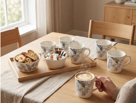 Ceramic Tea Cup & Bowl Set with Floral Pattern | White Coffee Cups and Serving Bowls | 180ml & 300ml Tableware Set for Home, Kitchen, Office & Gifting
