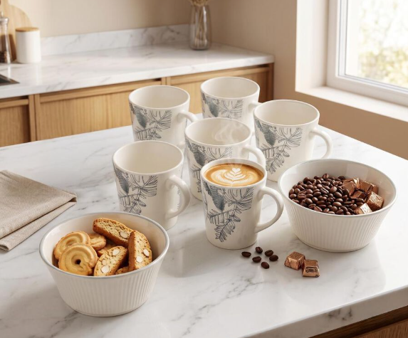 Ceramic Tea Cup & Bowl Set with Floral Pattern | White Coffee Cups and Serving Bowls | 180ml & 300ml Tableware Set for Home, Kitchen, Office & Gifting