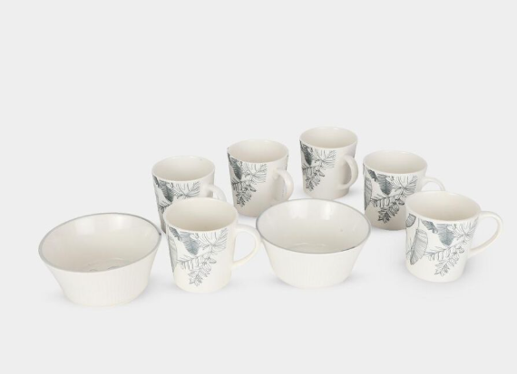 Ceramic Tea Cup & Bowl Set with Floral Pattern | White Coffee Cups and Serving Bowls | 180ml & 300ml Tableware Set for Home, Kitchen, Office & Gifting