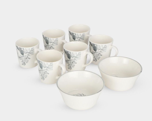 Ceramic Tea Cup & Bowl Set with Floral Pattern | White Coffee Cups and Serving Bowls | 180ml & 300ml Tableware Set for Home, Kitchen, Office & Gifting