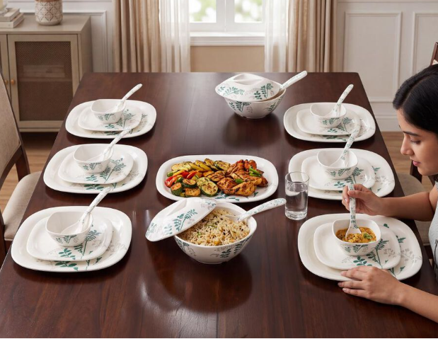 31-Piece Melamine Dinner Set with Green Botanical Floral Print | 6 Big Plates, 6 Small Plates, 6 Bowls, 2 Serving Bowls with Lids, 1 Serving Tray, 2 Serving Spoons & 6 Spoons | Dinnerware Set for Home, Kitchen & Gifting