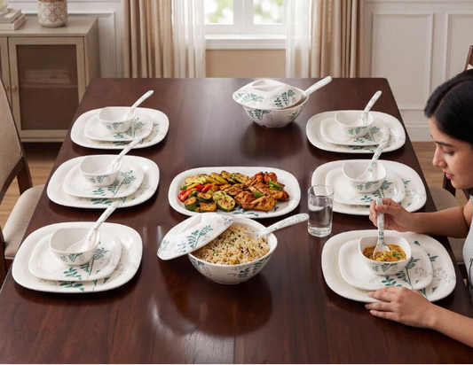 31-Piece Melamine Dinner Set with Green Botanical Floral Print | 6 Big Plates, 6 Small Plates, 6 Bowls, 2 Serving Bowls with Lids, 1 Serving Tray, 2 Serving Spoons & 6 Spoons | Dinnerware Set for Home, Kitchen & Gifting