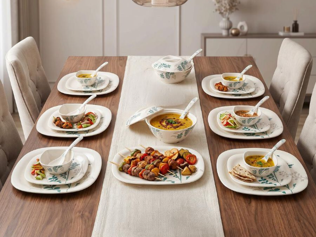 31-Piece Melamine Dinner Set with Green Botanical Floral Print | 6 Big Plates, 6 Small Plates, 6 Bowls, 2 Serving Bowls with Lids, 1 Serving Tray, 2 Serving Spoons & 6 Spoons | Dinnerware Set for Home, Kitchen & Gifting