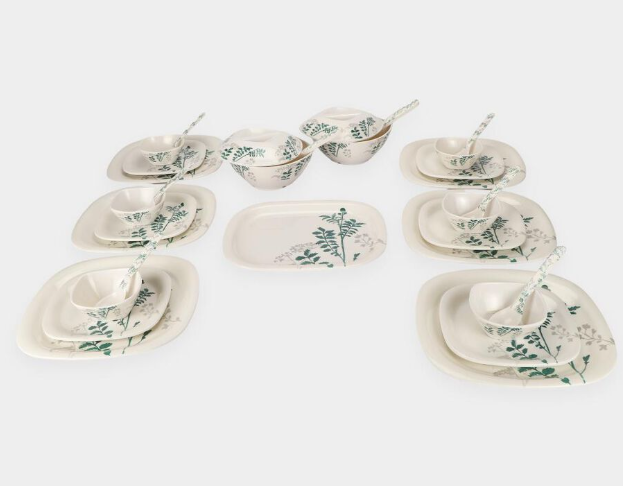 31-Piece Melamine Dinner Set with Green Botanical Floral Print | 6 Big Plates, 6 Small Plates, 6 Bowls, 2 Serving Bowls with Lids, 1 Serving Tray, 2 Serving Spoons & 6 Spoons | Dinnerware Set for Home, Kitchen & Gifting