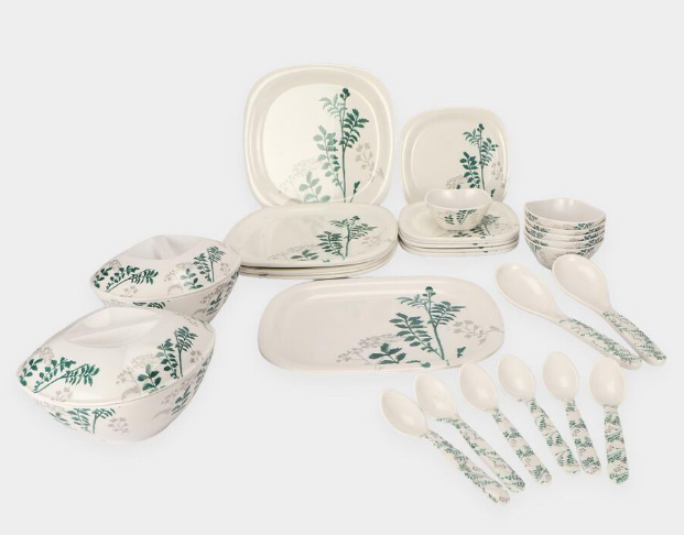 31-Piece Melamine Dinner Set with Green Botanical Floral Print | 6 Big Plates, 6 Small Plates, 6 Bowls, 2 Serving Bowls with Lids, 1 Serving Tray, 2 Serving Spoons & 6 Spoons | Dinnerware Set for Home, Kitchen & Gifting