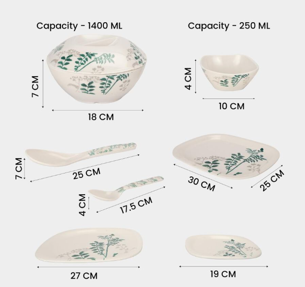 31-Piece Melamine Dinner Set with Green Botanical Floral Print | 6 Big Plates, 6 Small Plates, 6 Bowls, 2 Serving Bowls with Lids, 1 Serving Tray, 2 Serving Spoons & 6 Spoons | Dinnerware Set for Home, Kitchen & Gifting