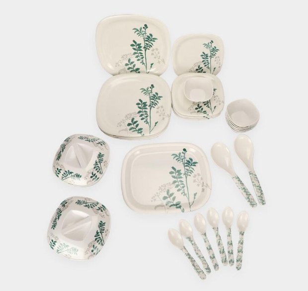 31-Piece Melamine Dinner Set with Green Botanical Floral Print | 6 Big Plates, 6 Small Plates, 6 Bowls, 2 Serving Bowls with Lids, 1 Serving Tray, 2 Serving Spoons & 6 Spoons | Dinnerware Set for Home, Kitchen & Gifting