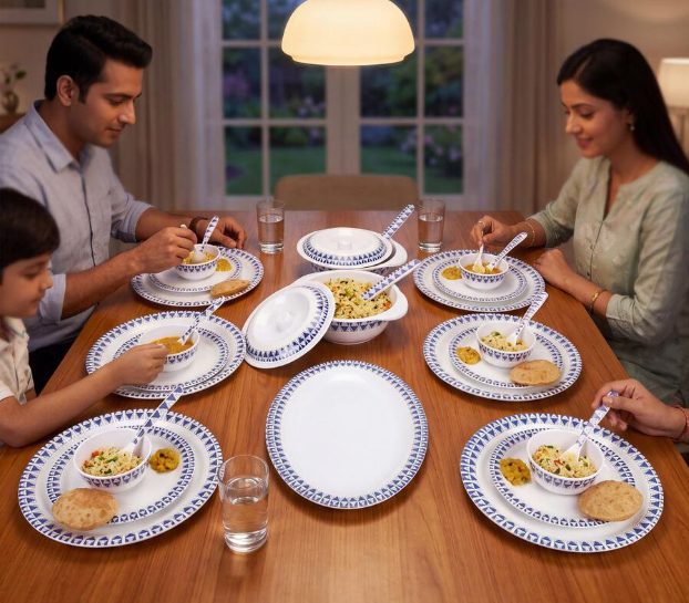 31-Piece Melamine Dinner Set with Blue Geometric Pattern | Snow White Dinnerware Set with Full Plates, Half Plates, Rice Plate, Vegetable Bowls, Serving Bowls with Lids & Spoons | Tableware Set for Home, Kitchen & Dining