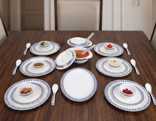 31-Piece Melamine Dinner Set with Blue Geometric Pattern | Snow White Dinnerware Set with Full Plates, Half Plates, Rice Plate, Vegetable Bowls, Serving Bowls with Lids & Spoons | Tableware Set for Home, Kitchen & Dining