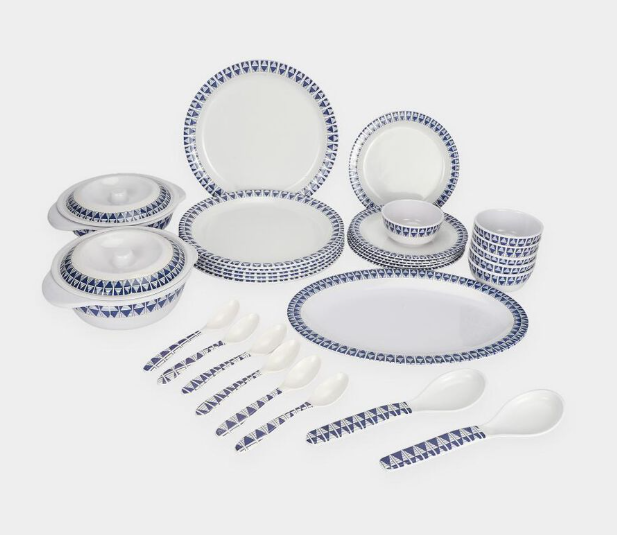 31-Piece Melamine Dinner Set with Blue Geometric Pattern | Snow White Dinnerware Set with Full Plates, Half Plates, Rice Plate, Vegetable Bowls, Serving Bowls with Lids & Spoons | Tableware Set for Home, Kitchen & Dining
