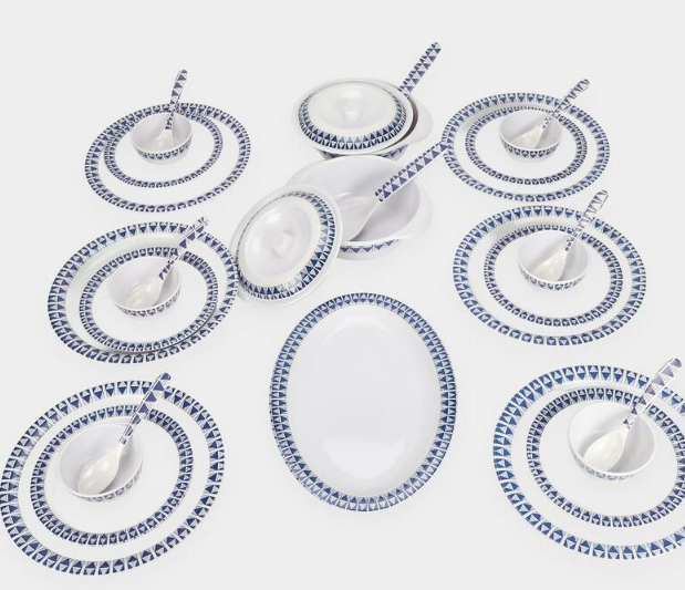 31-Piece Melamine Dinner Set with Blue Geometric Pattern | Snow White Dinnerware Set with Full Plates, Half Plates, Rice Plate, Vegetable Bowls, Serving Bowls with Lids & Spoons | Tableware Set for Home, Kitchen & Dining