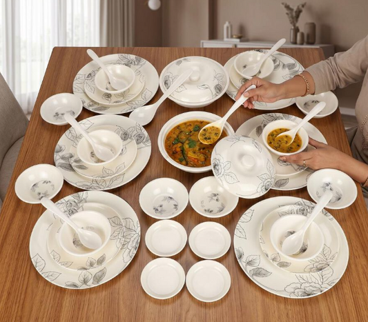 40-Piece Melamine Dinner Set | Elegant White Floral Dinnerware Set with Full Plates, Half Plates, Vegetable Bowls, Chutney Plates, Serving Bowls with Lids & Spoons | Tableware Set for Home, Kitchen & Dining