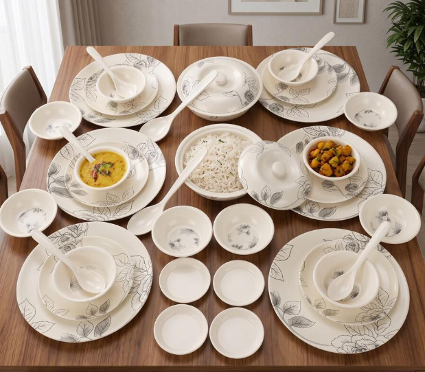 40-Piece Melamine Dinner Set | Elegant White Floral Dinnerware Set with Full Plates, Half Plates, Vegetable Bowls, Chutney Plates, Serving Bowls with Lids & Spoons | Tableware Set for Home, Kitchen & Dining