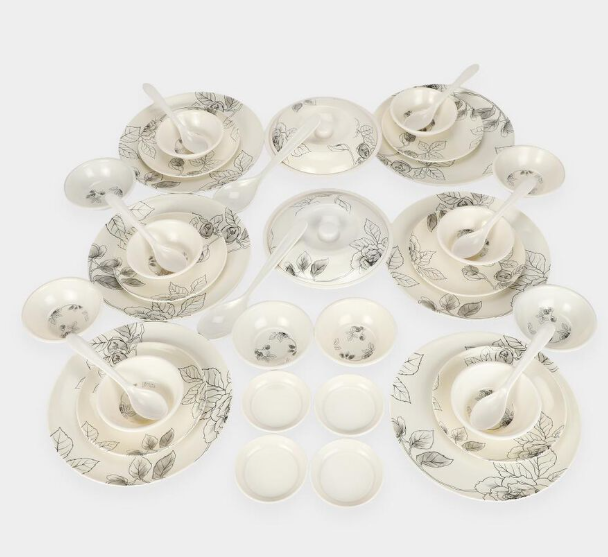 40-Piece Melamine Dinner Set | Elegant White Floral Dinnerware Set with Full Plates, Half Plates, Vegetable Bowls, Chutney Plates, Serving Bowls with Lids & Spoons | Tableware Set for Home, Kitchen & Dining