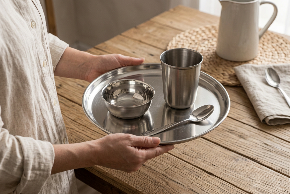 Stainless Steel Dinner Set 4 Pieces | Silver Steel Thali Set with 1 Plate, 1 Bowl, 1 Drinking Glass & 1 Spoon | Reusable Dining Tableware Set for Home, Office, Travel & Everyday Meals