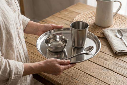 Stainless Steel Dinner Set 4 Pieces | Silver Steel Thali Set with 1 Plate, 1 Bowl, 1 Drinking Glass & 1 Spoon | Reusable Dining Tableware Set for Home, Office, Travel & Everyday Meals