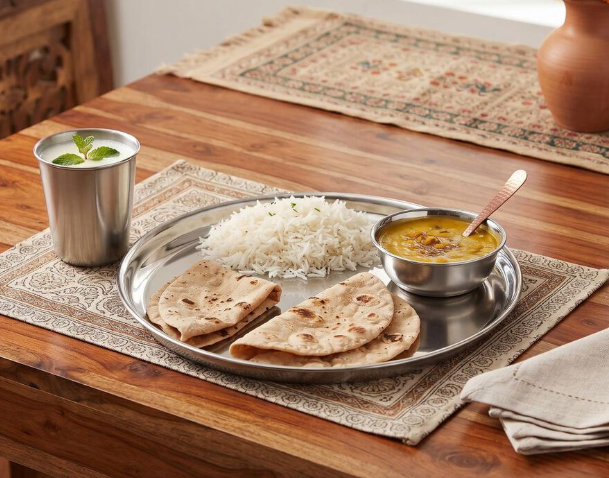 Stainless Steel Dinner Set 4 Pieces | Silver Steel Thali Set with 1 Plate, 1 Bowl, 1 Drinking Glass & 1 Spoon | Reusable Dining Tableware Set for Home, Office, Travel & Everyday Meals